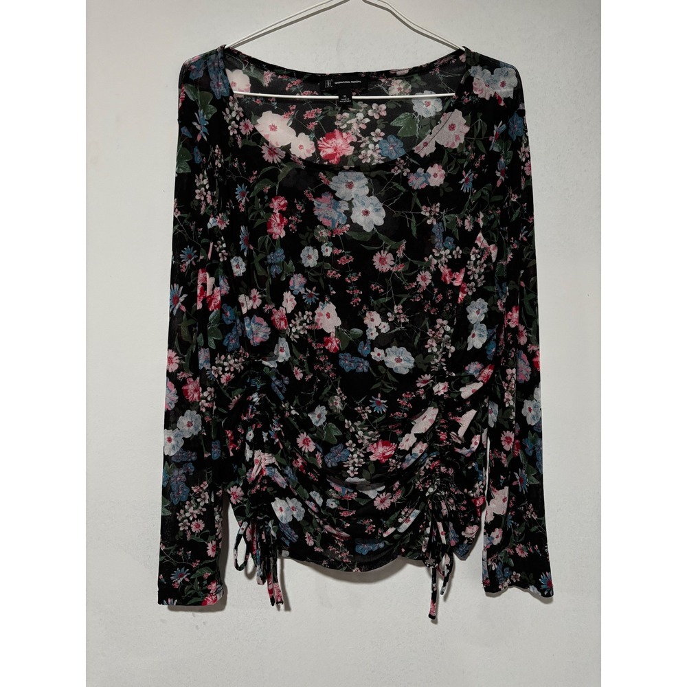 INC Grunge Dark Romantic Floral Mesh Ruched Long Sleeve Top Black XL Goth